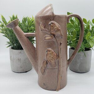EMBOSSED Two Birds on Branch Brown Art Pottery Watering Jug or Vase